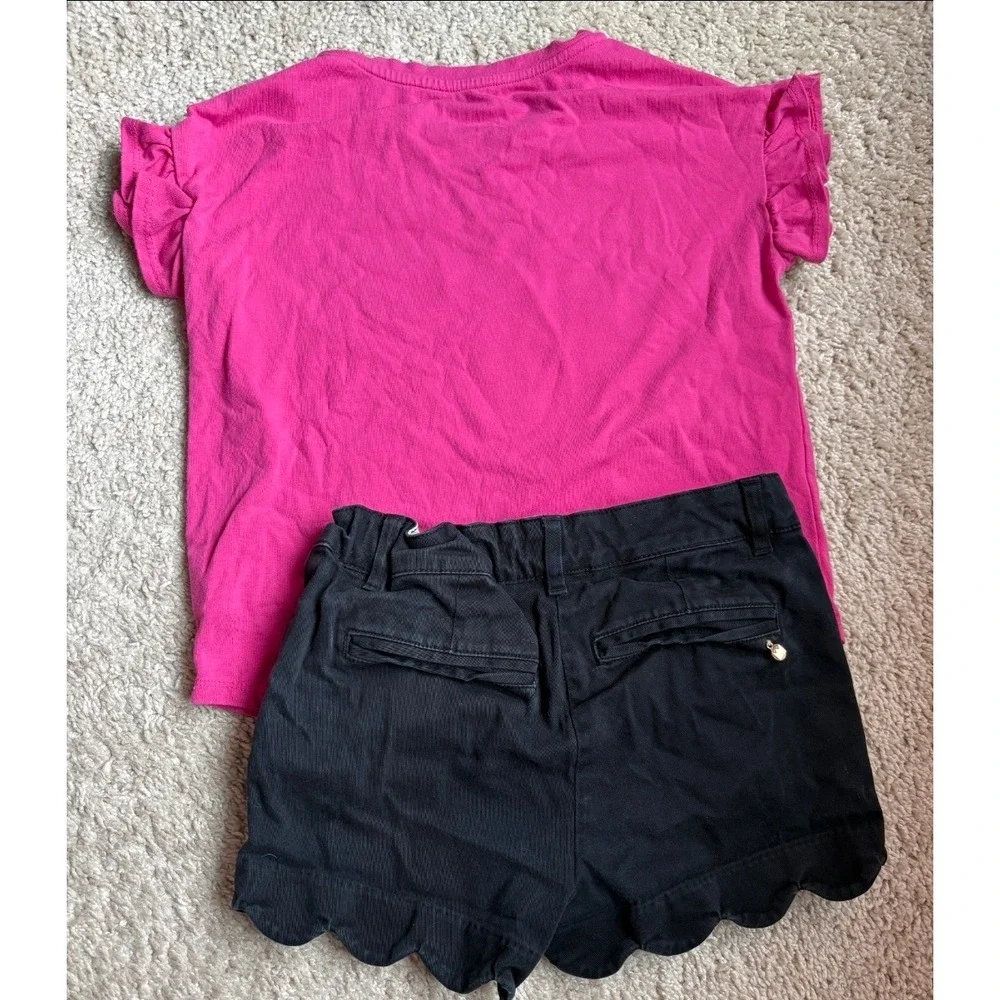 Crown & Ivy Kids Girls Pink Elephant Ruffle Top and Black Scalloped Shorts Set 7